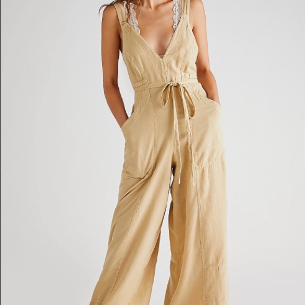 NWT Free People Pretty Simple Utility Jumpsuit sz S Color Sand Dollar Wide legs.